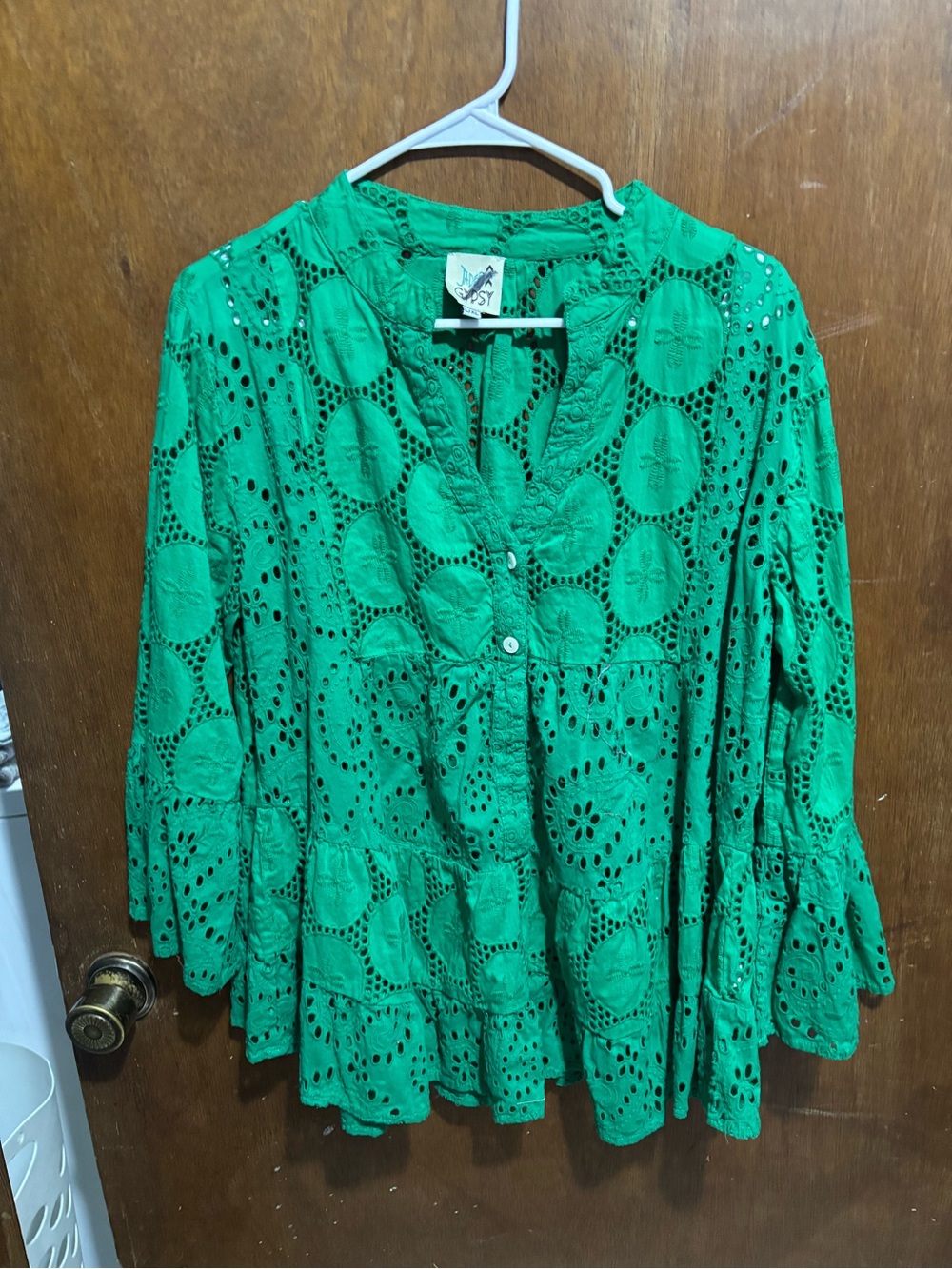 Green Eyelet Tiered Button-Front Blouse